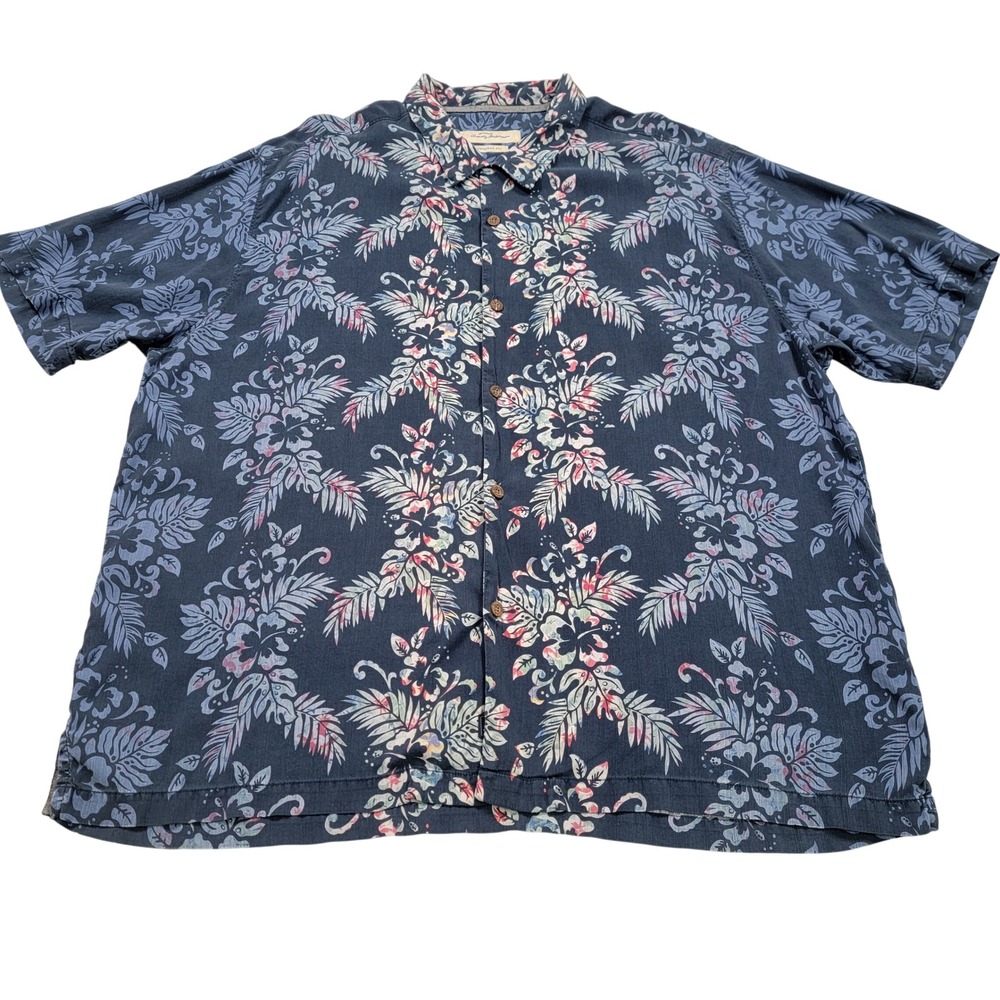 Men Tommy Bahama Floral Print Silk Button Down‎ Shirt, Blue, Size 3XL, Pre-Owned